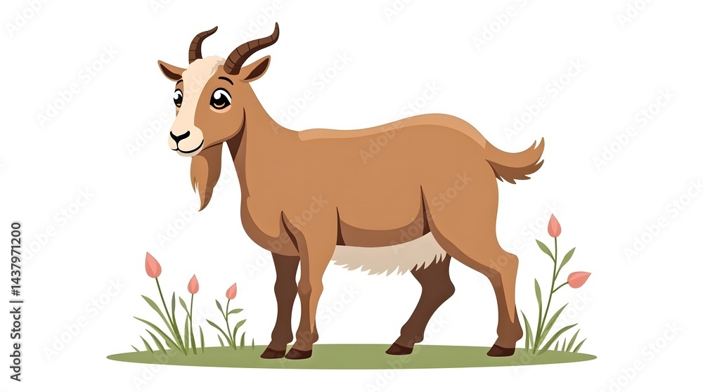 Brown goat standing gracefully on a grassy patch adorned with small blooming flowers. The goat soft distinctive beard, symbolizes one of the important sacrificial animal for Eid al-Adha. Brown goat standing gracefully on a grassy patch adorned with small blooming flowers. The goat soft distinctive beard, symbolizes one of the important sacrificial animal for Eid al-Adha.