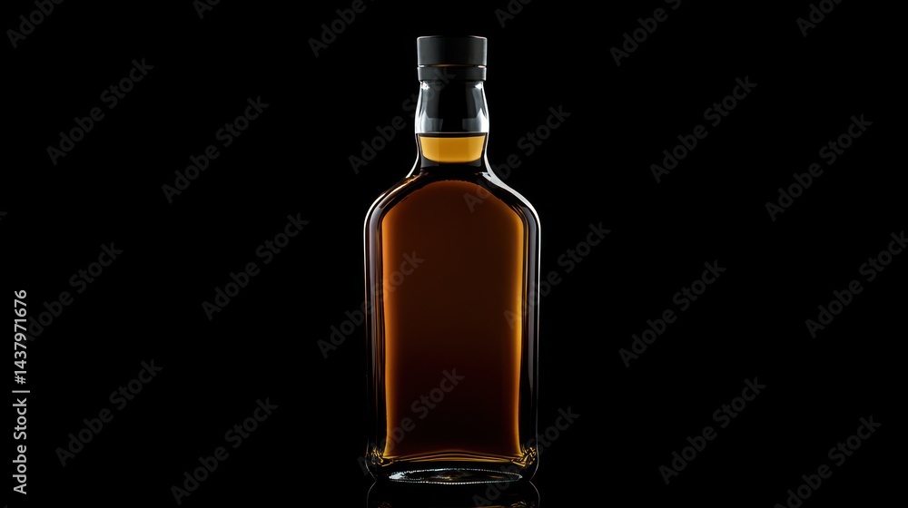 Amber liquid in a glass bottle against a black background. Amber liquid in a glass bottle against a black background.