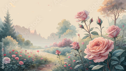 *Pastel Watercolor Rose Garden Background – Dreamy Dawn-Inspired Abstract Washes with Serene Copy Space*  