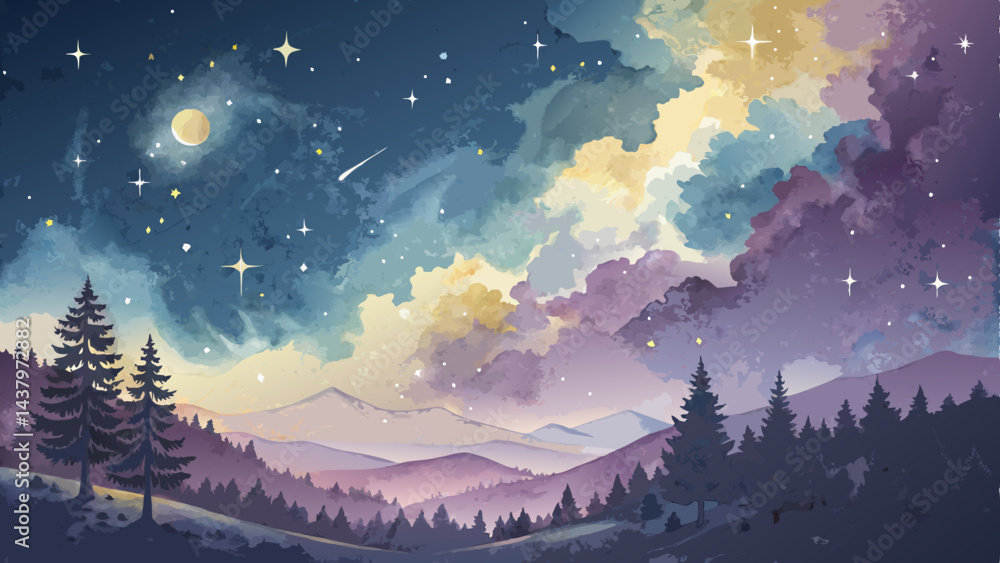 Fototapeta premium Celestial Watercolor Background – Delicate Light Yellow, Blue & Purple Cosmic Beauty with Inspirational Copy Space*