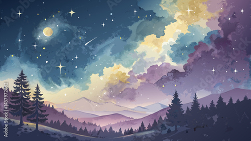 Celestial Watercolor Background – Delicate Light Yellow, Blue & Purple Cosmic Beauty with Inspirational Copy Space*