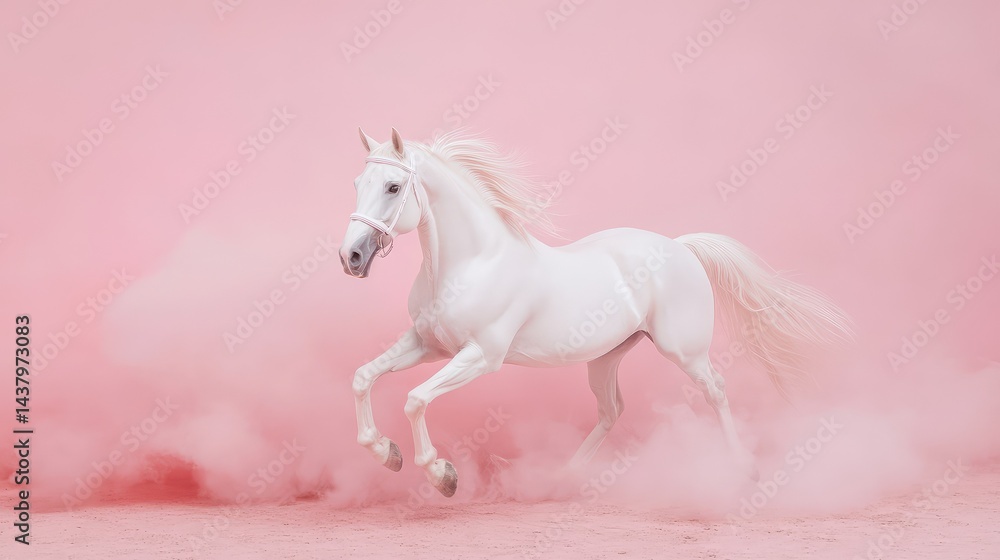 Obraz premium Elegant white horse posing in motion blur against a dusty rose background