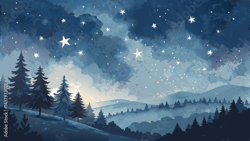 *Starry Sky Watercolor Background – Serene Dark Navy Night with Twinkling Stars & Cosmic Wonder (Copy Space Left)