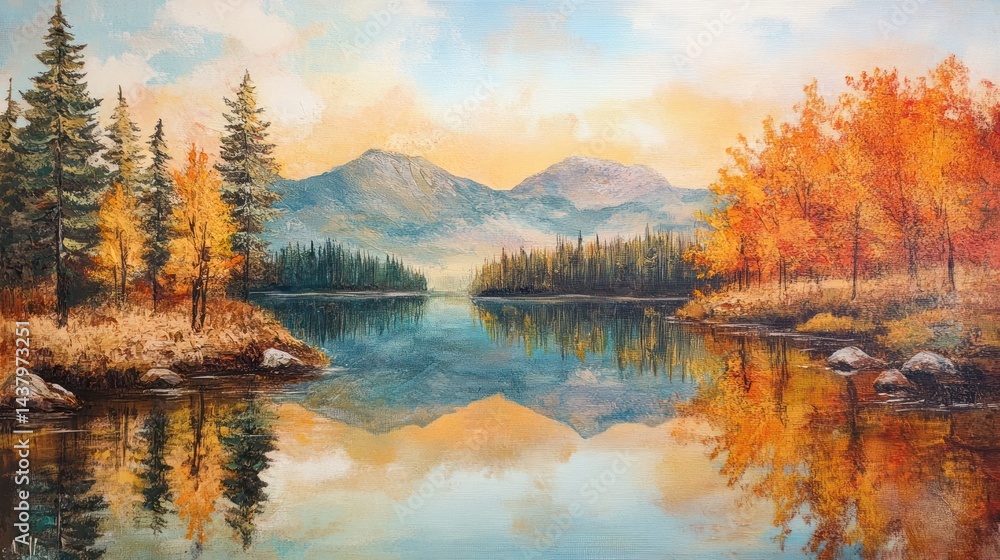 Fototapeta premium Autumnal Serenity: A Mountain Lake's Golden Reflection