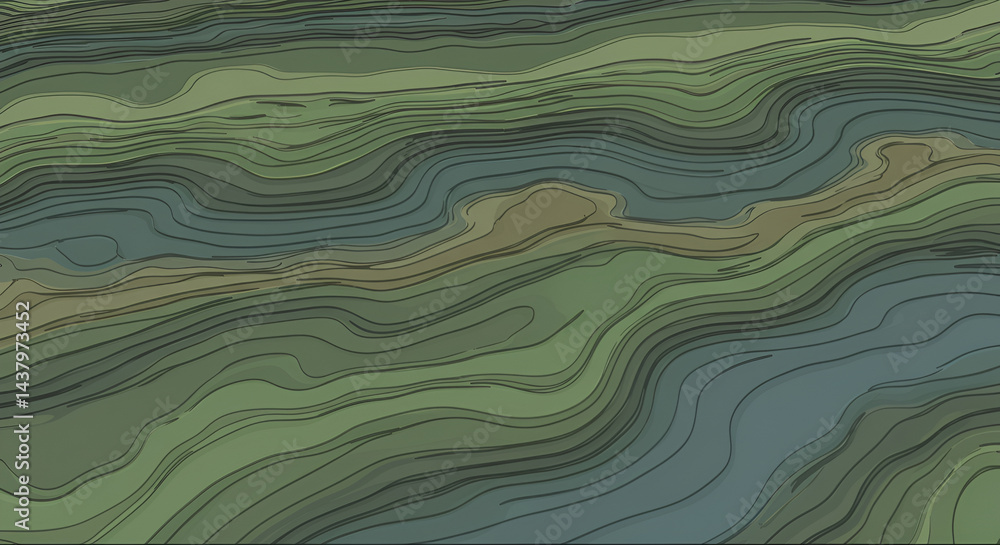 Fototapeta premium Abstract Topographic Map In Olive Green And Teal Hues
