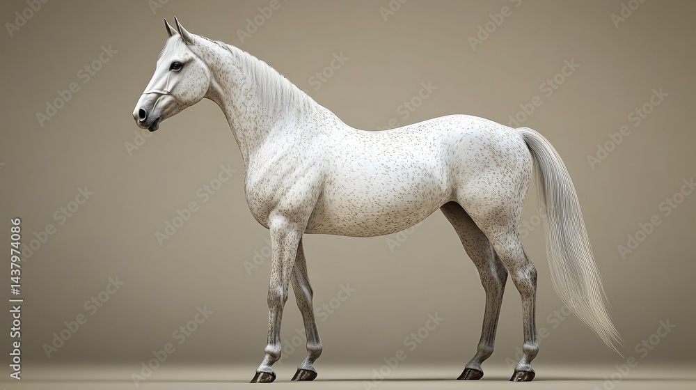Fototapeta premium Full body shot of a white horse standing still on a muted beige background