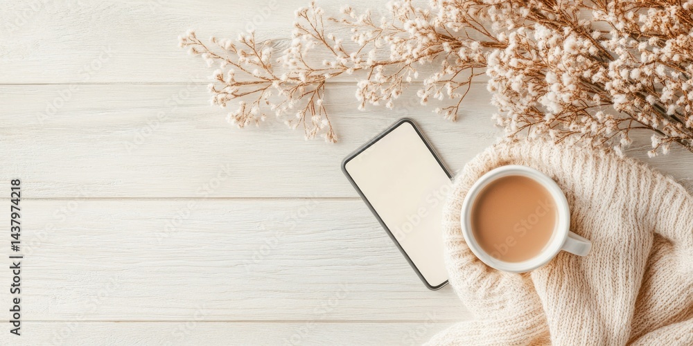A tranquil workspace featuring a steaming cup of tea, a smartphone, and dried flowers arranged on a soft blanket against a light wooden background A tranquil workspace featuring a steaming cup of tea, a smartphone, and dried flowers arranged on a soft blanket against a light wooden background