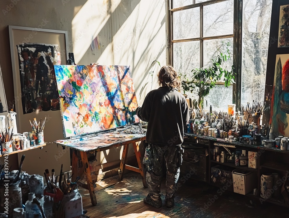 An artist is painting in a well-lit studio filled with art supplies. An artist is painting in a well-lit studio filled with art supplies.
