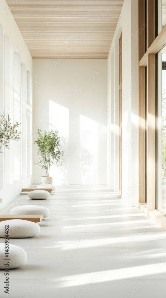 Obraz premium Bright, airy space featuring soft cushions and potted plants, designed for relaxation and meditation, highlighting tranquility and simplicity