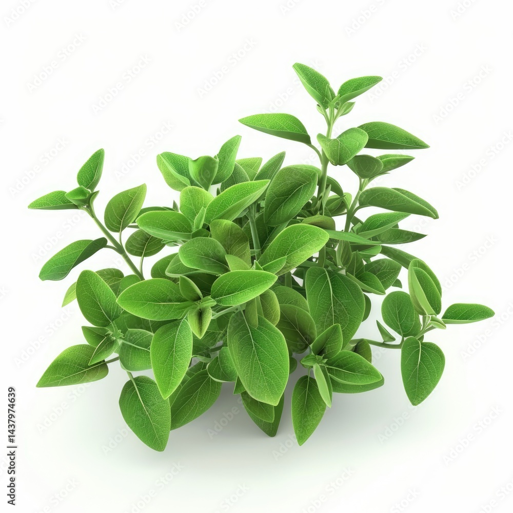 Lush, vibrant oregano plant cluster against a pure white background. Lush, vibrant oregano plant cluster against a pure white background.