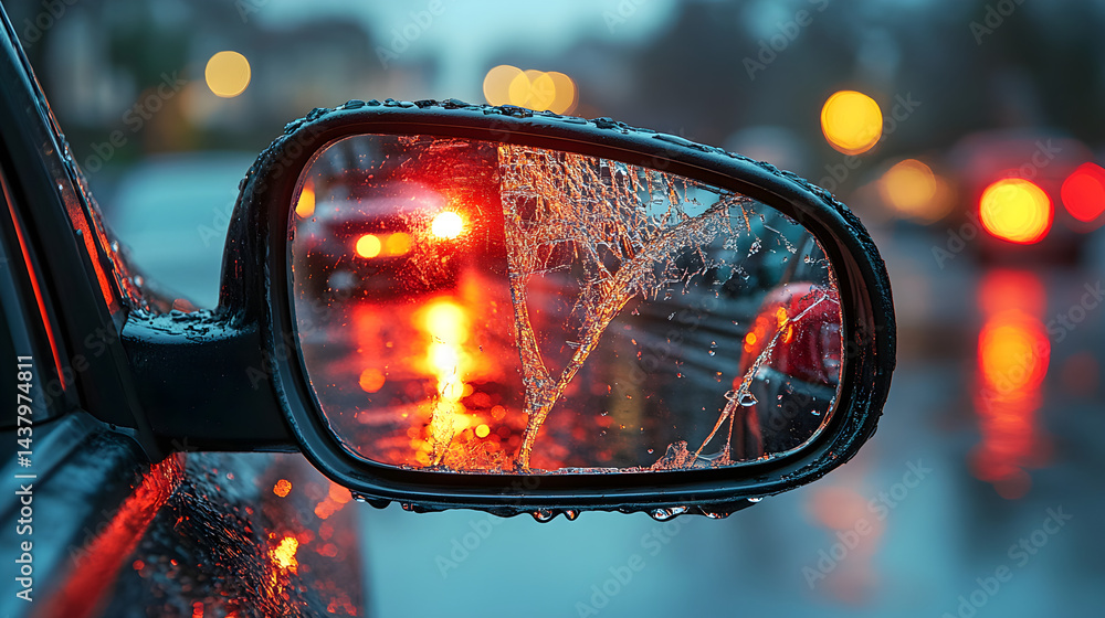 Cracked side mirror on a parked car, symbolizing the need for auto insurance Cracked side mirror on a parked car, symbolizing the need for auto insurance