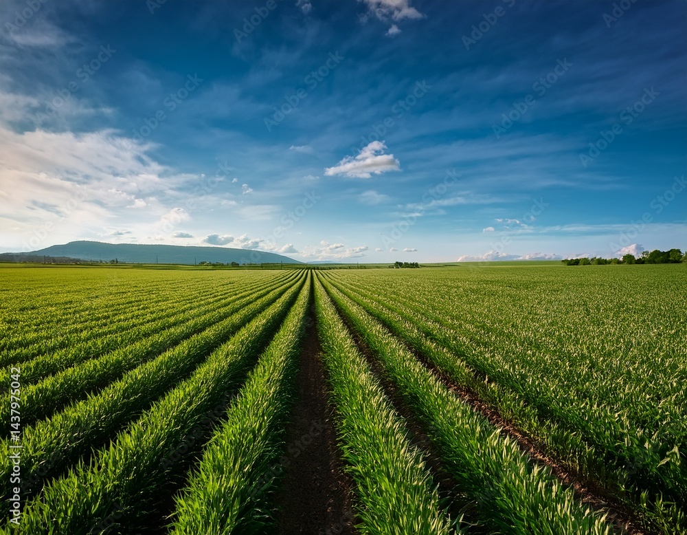 vast green field showcasing rows of healthy crops under a clear blue sky representing agriculture and nature s bounty vast green field showcasing rows of healthy crops under a clear blue sky representing agriculture and nature s bounty