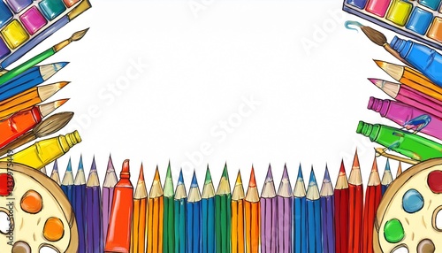 frame postcard back hand paints etc cute school white artist tubes illustration background bright watercolor s design palettes drawn tools brushes b pencils border to crayons isolated colourful