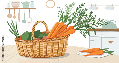 Carrot illustration vector design, Carrot in basket in kitchen vector design
