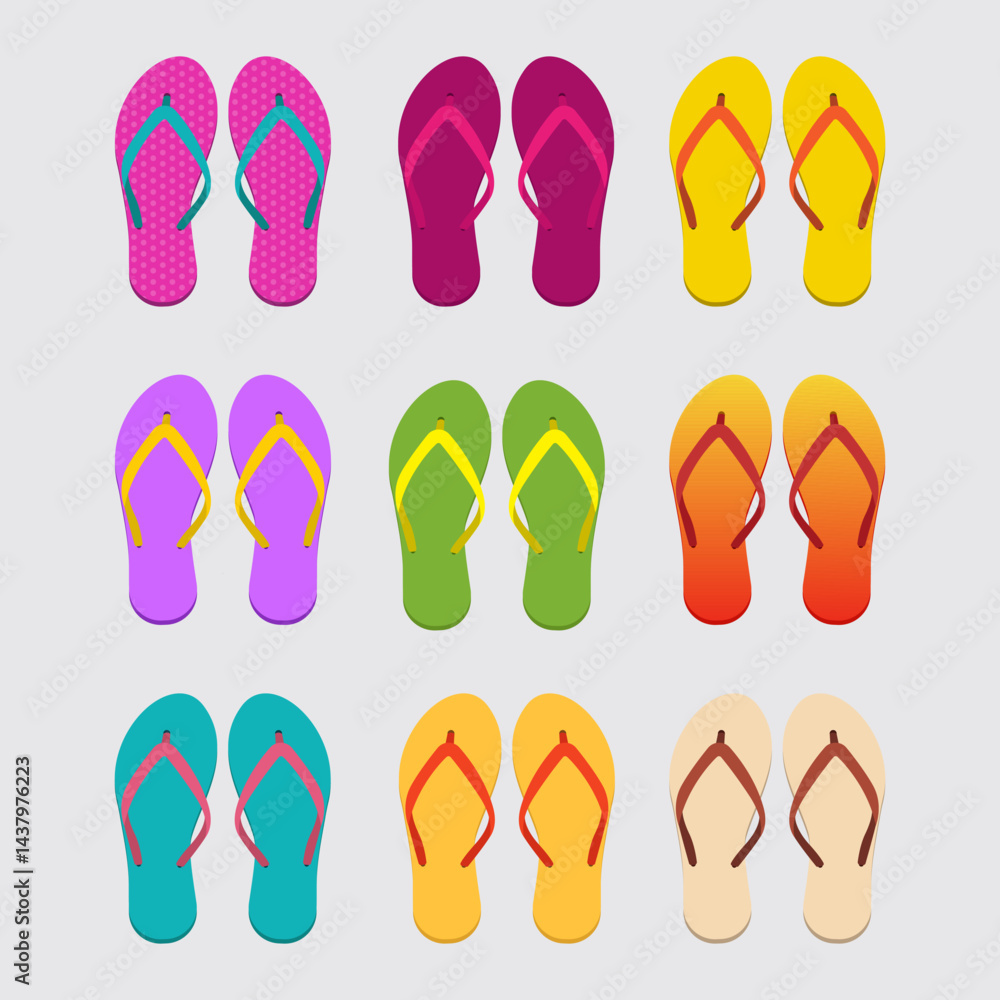 Colorful Flip Flops Arranged in Rows on a White Background Colorful Flip Flops Arranged in Rows on a White Background