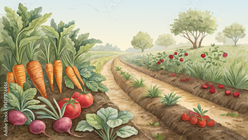  Vegetable Patch Background – Rustic Rows of Carrots, Radishes & Tomatoes with Wholesome Earthy Tones (Copy Space Left)
