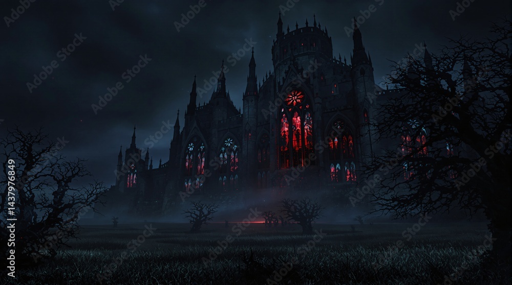 Fototapeta premium Night landscape a huge gothic castle with stained glass windows, from which a blood-red light flows