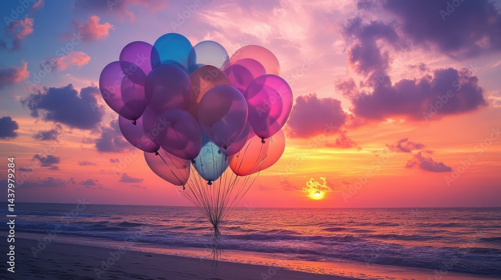 Obraz premium Transparent balloons outlined with rainbow hues forming against a beach sunset