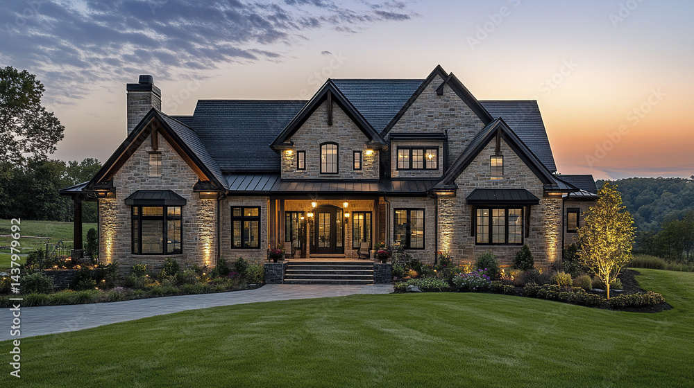 Luxurious farmhouse exterior with elegant gables and stunning sunset backdrop Luxurious farmhouse exterior with elegant gables and stunning sunset backdrop