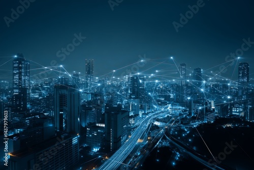 Wallpaper Mural Futuristic Cityscape at Night with Digital Connection Points Displaying Modern Technology and Urban Innovation in a Stunning Blue Color Palette Torontodigital.ca