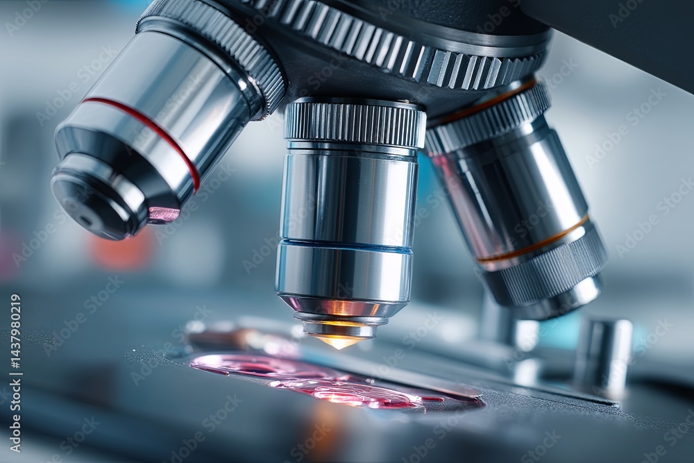 Close-Up of Microscope with Focus on Objective Lenses, Laboratory Equipment for Scientific Research, Bright Background in Medical Environment Close-Up of Microscope with Focus on Objective Lenses, Laboratory Equipment for Scientific Research, Bright Background in Medical Environment