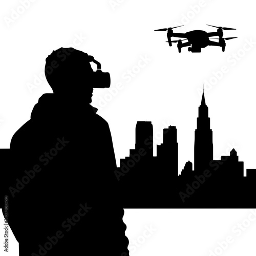 Silhouette of person observing flying drone in city, technological curiosity