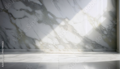 interior decor with white marble flooring provides a sophisticated backdrop for merchandise display against a studio backdrop wall with light and shadows ideal for a copy space image