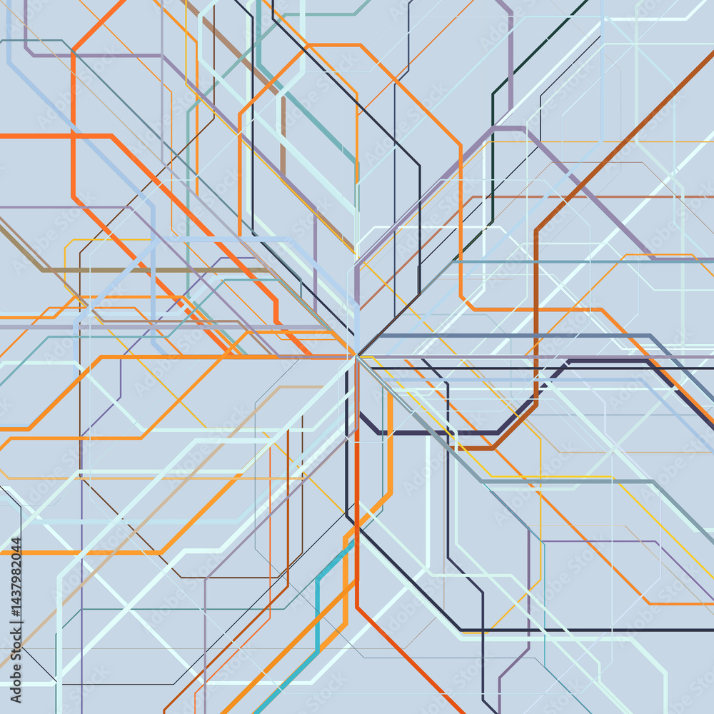 Fototapeta premium Minimalist Geometric Web of Colored Lines on Blue Background – Abstract Urban Map Pattern