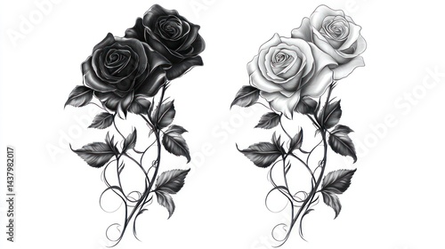 Fototapeta Naklejka Na Ścianę i Meble -  Black and white roses in simple background. Use tattoo design, print, art