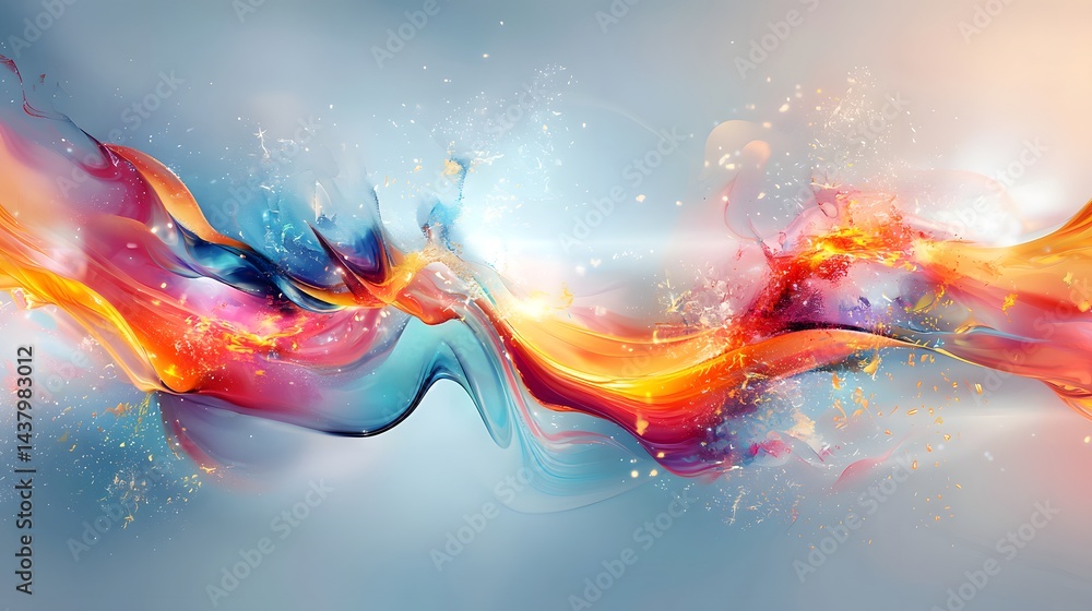 Fototapeta premium A vibrant, chaotic abstract digital painting showcases swirling, dynamic forms in fiery orange, cool blue, and sparkling textures reminiscent of a Samtwis-inspired realistic
