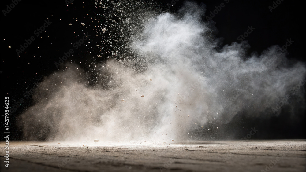 Cloud of dust and particles erupts from ground, creating dramatic and dynamic scene that captures essence of movement