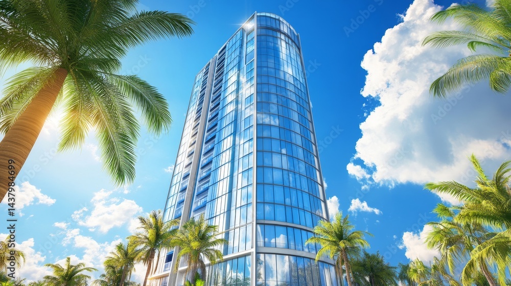 Fototapeta premium A modern high-rise with large glass windows reflecting blue skies and clouds, framed by palm trees for a tropical vibe