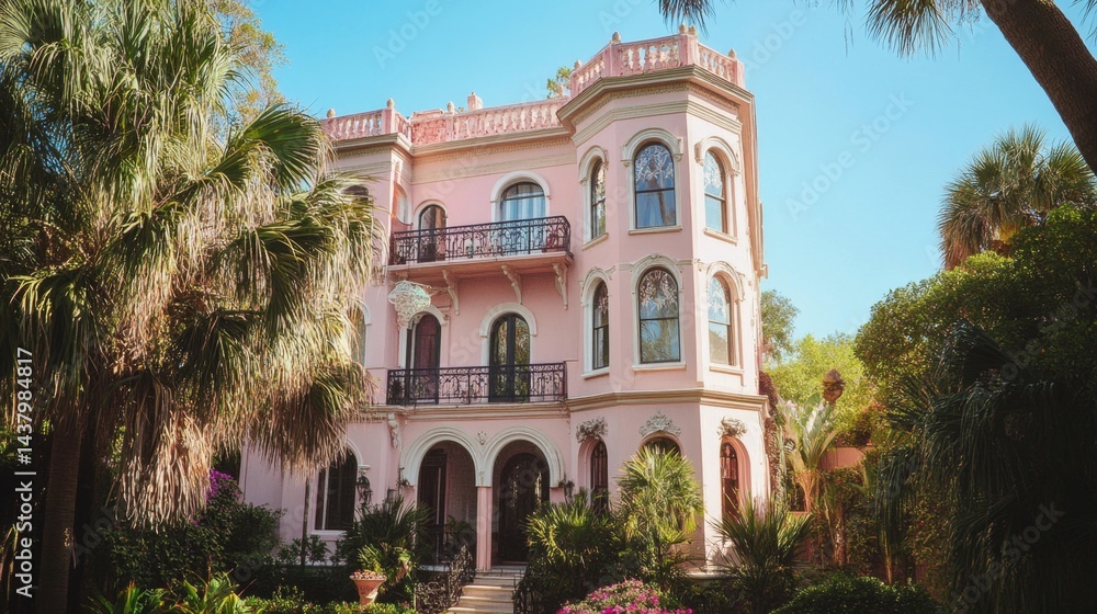 A pale pink three-story home with wrought iron balconies, cascading plants, and gardens, set against a clear blue sky A pale pink three-story home with wrought iron balconies, cascading plants, and gardens, set against a clear blue sky