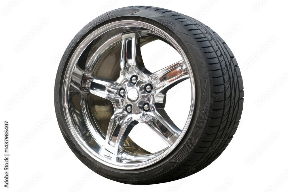 Obraz premium Chrome wheel and tire isolated on transparent PNG background
