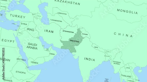 Pakistan on world map animated, slow movement, 4K.