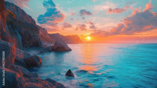 Majestic Coastal Sunset: A Breathtaking View of a Serene Ocean Meeting Dramatic Cliffs