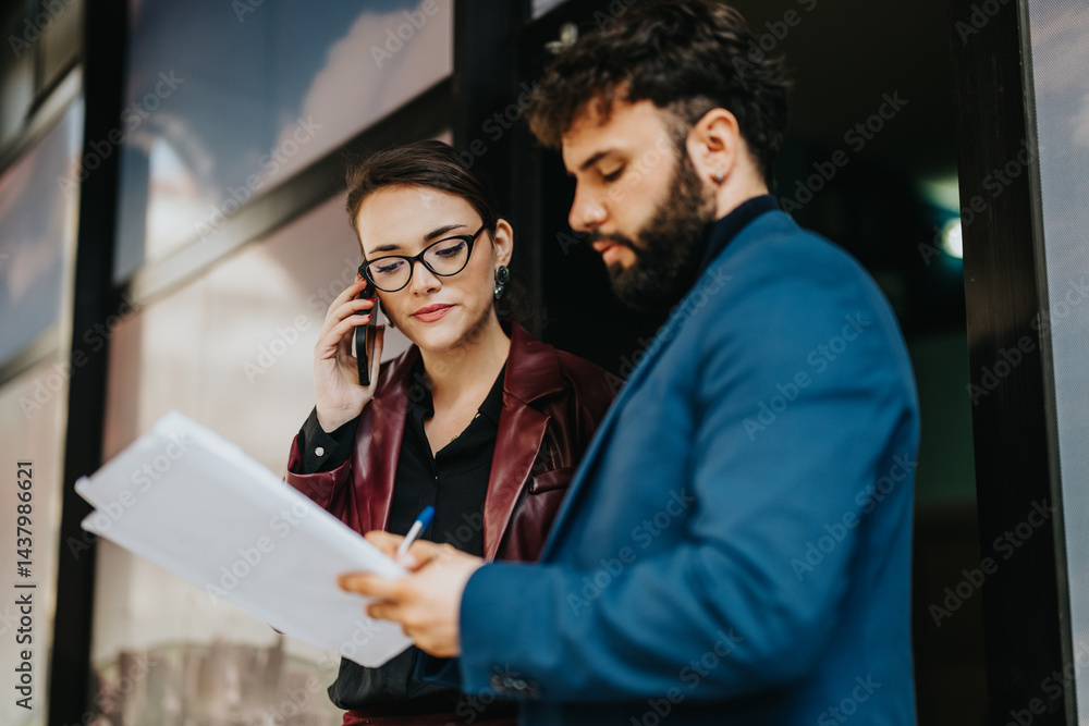 Two business professionals collaborate outdoors, reviewing documents and engaged in a mobile phone discussion.