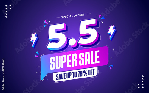 5.5 super sale promo banner with discount offer. 5.5 shopping festival super sale banner. Flash sale special offer banner for social media post or website banner. Flash sale campaign