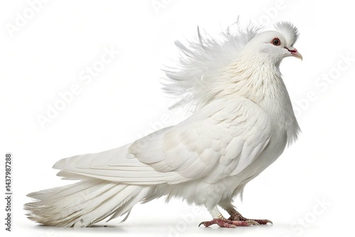 White jacobin pigeon standing isolated on white background