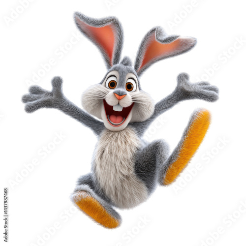 Cheerful gray rabbit isolated on transparent PNG background