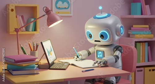 Robot doing homework with a laptop and a stack of books.