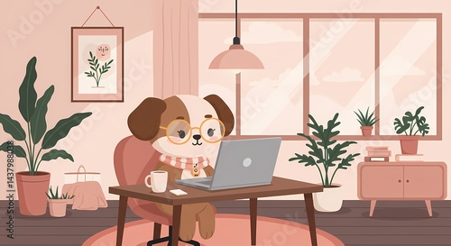 Cartoon dog working at a laptop in a cozy home office space.