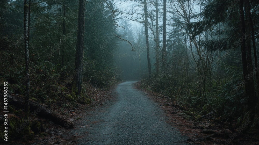 Naklejka premium Misty Forest Road: A Serene Journey Through Evergreen Woods
