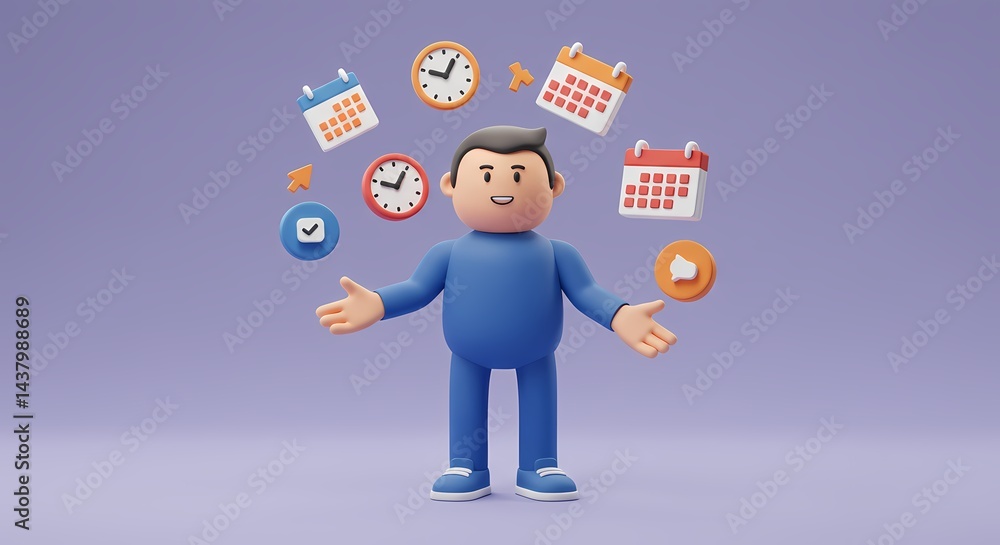 Managing time: a cartoon character juggling time management tasks Managing time: a cartoon character juggling time management tasks