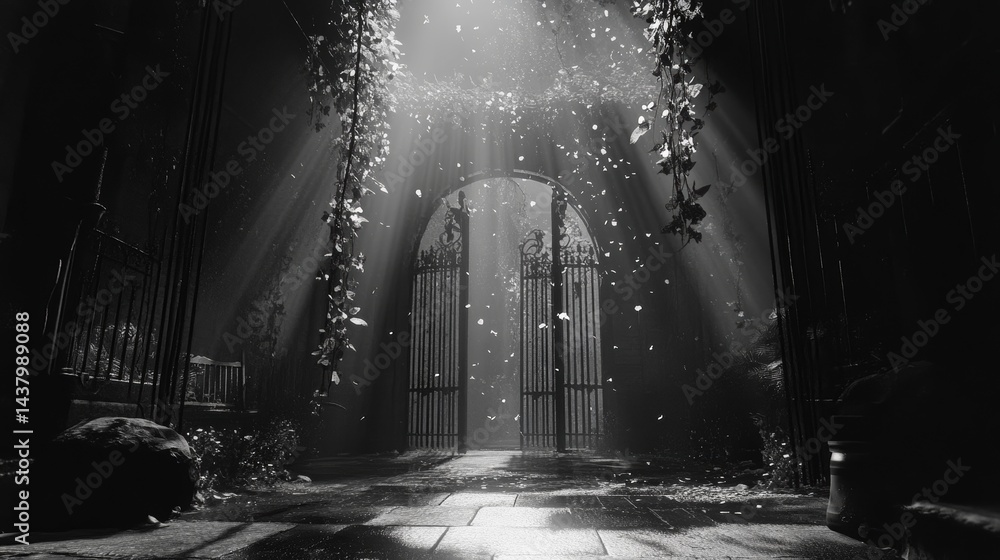 Obraz premium Mystical god rays with falling particles and moving sunlight create a magical fantasy atmosphere, featuring vintage shining effects and a dreamy entrance to heaven or opening paradise gates background