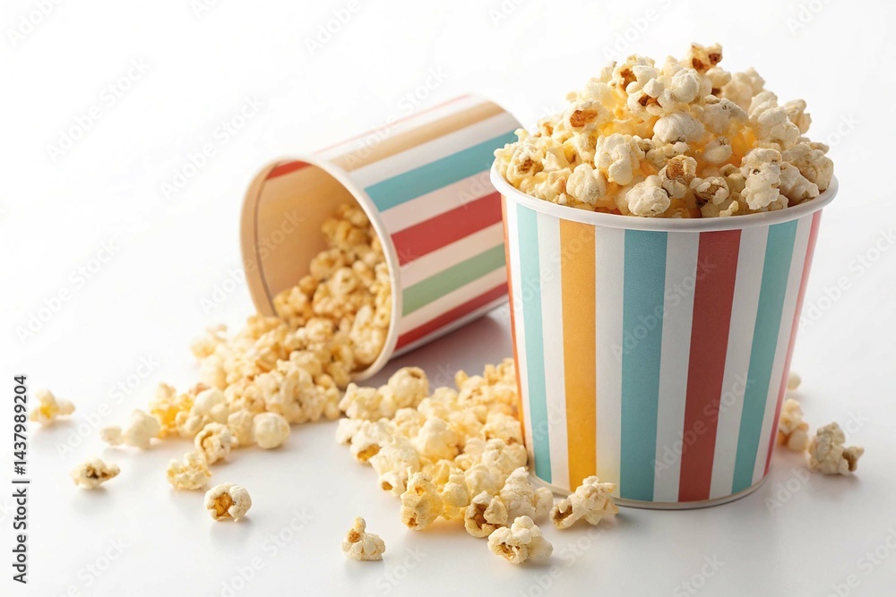 Popcorn in striped bucket isolated on white background Popcorn in striped bucket isolated on white background