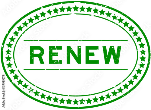 Grunge green renew word oval rubber seal stamp on white background