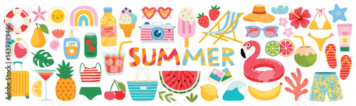Summer  graphic elements set. Collection of Hand drawn summer food, drinks, fruits and other elements for your design. Vector illustration. 