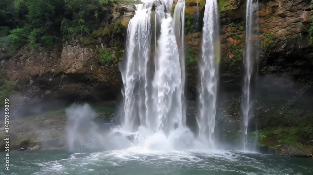Majestic Waterfall Cascading Down Rocky Cliff Surrounded by Lush Greenery and Mist Majestic Waterfall Cascading Down Rocky Cliff Surrounded by Lush Greenery and Mist