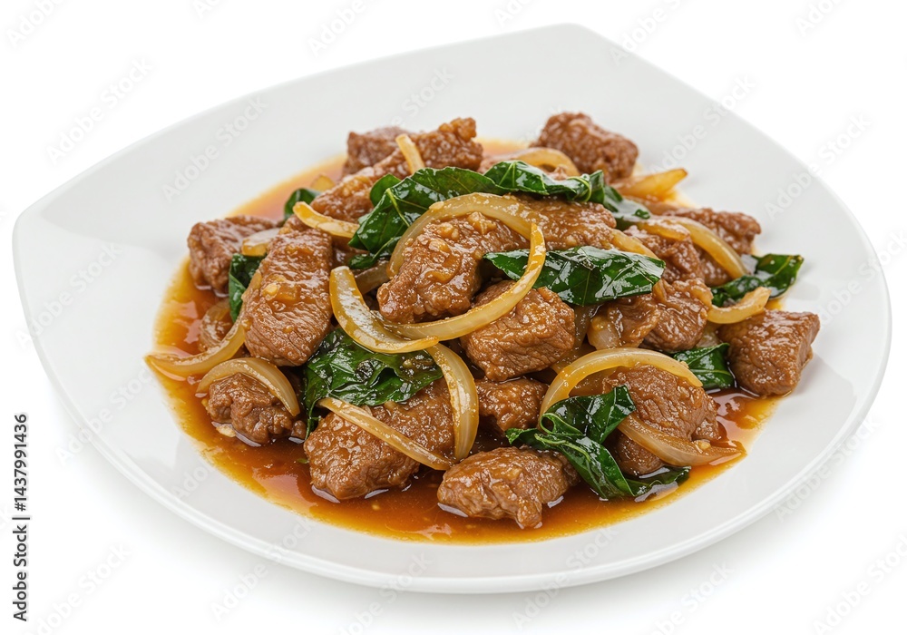 Beef dish with onions and spinach served on a white plate isolated on white background Beef dish with onions and spinach served on a white plate isolated on white background
